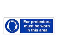 V Safety Ear Protectors Must Be Worn - Landscape 300 x 100 mm - Glow In The Dark 1mm Rigid Plastic Safety Sign