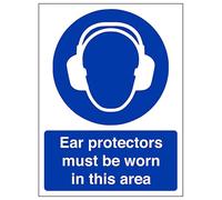 V Safety Ear Protectors Must Be Worn - Portrait 450 x 600 mm - 2mm Super-Tough Rigid Plastic Safety Sign