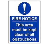 V Safety Eco-Friendly Fire Notice This Area Must Be Kept Clear Of All Obstructions 150 x 200mm - 1mm 100% Recycled Rigid Plastic Safety Sign