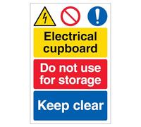 V Safety Electrical cupboard/Do not use for storage/Keep clear 150 x 200mm - 1mm Rigid Plastic Safety Sign