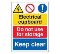 V Safety Electrical cupboard/Do not use for storage/Keep clear 210 x 297 mm (A4) - 2mm Rigid Plastic Safety Sign
