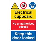 V Safety Electrical cupboard/No unauthorised access/Keep this door locked 150 x 200mm - 2mm Rigid Plastic Safety Sign