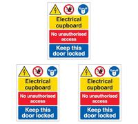 V Safety Electrical cupboard/No unauthorised access/Keep this door locked 210 x 297 mm (A4) - 3mm Aluminium Composite Safety Sign (Pack of 3)