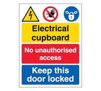 V Safety Electrical cupboard/No unauthorised access/Keep this door locked 210 x 297 mm (A4) - Self Adhesive Vinyl Safety Sign