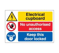 V Safety Electrical cupboard/No unauthorised access/Keep this door locked - Large Landscape 300 x 200 mm - Self Adhesive Vinyl Safety Sign