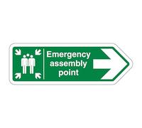 V Safety Emergency Assembly Point Arrow Right - Shaped Sign 300 x 100 mm - 2mm Super-Tough Rigid Plastic Safety Sign