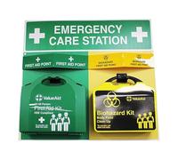 V Safety Emergency Care Station with First Aid and Bodily Fluid Clean-Up Kits - Wall Mounted Workplace Emergency Response Point