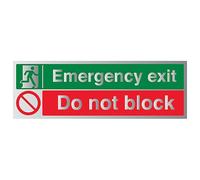 V Safety Emergency Exit/Do Not Block 300 x 100 mm - Self Adhesive Vinyl - Aluminium Effect Safety Sign