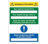 V Safety Emergency Information - Nearest Trauma Kit/Escape Route Is 300 x 400mm - 1mm Rigid Plastic Safety Sign