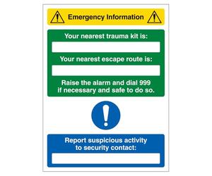 V Safety Emergency Information - Nearest Trauma Kit/Escape Route Is 450 x 600 mm - 3mm Aluminium Composite Safety Sign