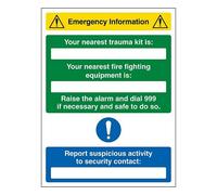 V Safety Emergency Information - Nearest Trauma Kit/Fire Equipment Is 300 x 400mm - 3mm Aluminium Composite Safety Sign