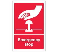 V Safety Emergency Stop - Red 200 x 300 mm - Self Adhesive Vinyl - Aluminium Effect Safety Sign