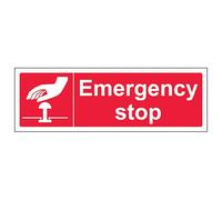 V Safety Emergency Stop - Red - Landscape 300 x 100 mm - 2mm Rigid Plastic Safety Sign
