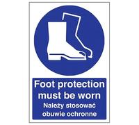 V Safety English/Polish - Foot Protection Must Be Worn 200 x 300 mm - Glow In The Dark 1mm Rigid Plastic Safety Sign