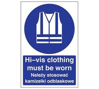V Safety English/Polish - Hi-Vis Clothing Must Be Worn 200 x 300 mm - Glow In The Dark Self Adhesive Vinyl Safety Sign