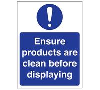 V Safety Ensure Products Are Clean Before Displaying 150 x 200 mm - Glow In The Dark 1mm Rigid Plastic Safety Sign