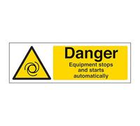 V Safety Equipment Stops & Starts Automatically - Landscape 300 x 100 mm - Glow In The Dark Self Adhesive Vinyl Safety Sign