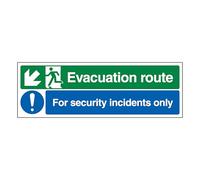 V Safety Evacuation Route Arrow Down Left/Security Incidents Only 300 x 100 mm - Perspex Clear Cast Acrylic Safety Sign