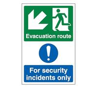 V Safety Evacuation Route Arrow Down Left/Security Incidents Only - Portrait 200 x 300 mm - Self Adhesive Vinyl Safety Sign
