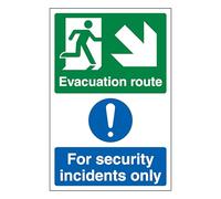 V Safety Evacuation Route Arrow Down Right/Security Incidents Only - Portrait 200 x 300 mm - Glow In The Dark Self Adhesive Vinyl Safety Sign