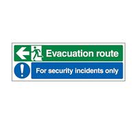V Safety Evacuation Route Arrow Left/Security Incidents Only 450 x 150 mm - Glow In The Dark 1mm Rigid Plastic Safety Sign