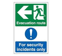V Safety Evacuation Route Arrow Left/Security Incidents Only - Portrait 200 x 300mm - 1mm Rigid Plastic Safety Sign