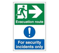 V Safety Evacuation Route Arrow Right/Security Incidents Only - Portrait 200 x 300mm - 1mm Rigid Plastic Safety Sign