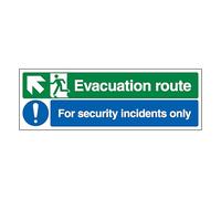 V Safety Evacuation Route Arrow Up Left/Security Incidents Only 300 x 100 mm - Perspex Clear Cast Acrylic Safety Sign