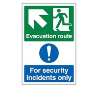 V Safety Evacuation Route Arrow Up Left/Security Incidents Only - Portrait 300 x 400 mm - Glow In The Dark 1mm Rigid Plastic Safety Sign