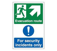 V Safety Evacuation Route Arrow Up Right/Security Incidents Only - Portrait 200 x 300 mm - Glow In The Dark 1mm Rigid Plastic Safety Sign
