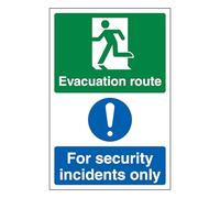 V Safety Evacuation Route Left/Security Incidents Only - Portrait 200 x 300mm - 1mm Rigid Plastic Safety Sign