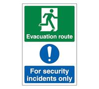 V Safety Evacuation Route Right/Security Incidents Only - Portrait 200 x 300mm - 2mm Rigid Plastic Safety Sign