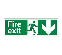 V Safety Exit - Arrow Down - 300 X 100mm Restickable Safety Sign, 14002AX-SSW, White