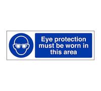 V Safety Eye Protection Must Be Worn In This Area - Landscape 300 x 100 mm - Glow In The Dark Self Adhesive Vinyl Safety Sign