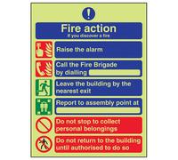 V Safety Fire Action 6 Message Safety Sign - Glow In The Dark - 150X200mm (X3)