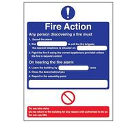 V Safety Fire Action - Any Person Discovering A Fire/Nearest Telephone 200 x 300 mm - Self Adhesive Vinyl - Aluminium Effect Safety Sign