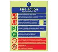 V Safety Fire Action Discovery Multi-Language Contact Safety Sign - Glow In The Dark - 150X200mm (X3)