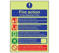 V Safety Fire Action Discovery Multi-Language Safety Sign - Glow In The Dark - 150X200mm (X3)