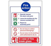 V Safety Fire Action Notice - In Case Of Fire Break Glass 200 x 300mm - 2mm Rigid Plastic Safety Sign