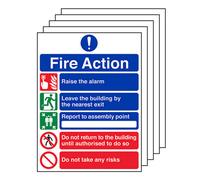 V Safety Fire Action Safety Sign - 5 Point Message Risks - 1mm Rigid Plastic - 150 X 200mm - 5 Pack