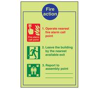 V Safety Fire Action White Background Sign - Glow In The Dark - 200X300mm (X3)
