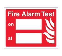 V Safety Fire Alarm Test - Landscape 300 x 200 mm - Self Adhesive Vinyl - Aluminium Effect Safety Sign