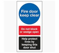 V Safety Fire Door Keep Clear/Do Not Block/Help Protect Lives 80 x 160 mm - Self Adhesive Vinyl Safety Sign