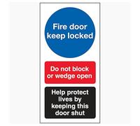 V Safety Fire Door Keep Locked/Do Not Block/Help Protect Live 80 x 160 mm - Self Adhesive Vinyl Safety Sign