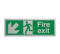 V Safety Fire Exit Arrow Down Left Sign - 300mm x 100mm - Self Adhesive Alu Effect