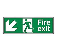 V Safety Fire Exit Arrow Down Left Sign - Landscape - 450mm x 150mm - 1mm Rigid Plastic, Green