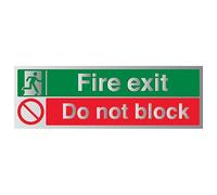 V Safety Fire Exit/Do Not Block 300 x 100 mm - Self Adhesive Vinyl - Aluminium Effect Safety Sign