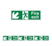 V Safety Fire Exit - Fire Exit Arrow Down Left - 300 X 100mm Restickable Sign, White, 14005AX-SSW (Pack of 4)