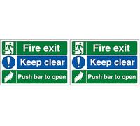 V Safety Fire Exit/Keep Clear/Push Bar To Open 300 x 200 mm - Self Adhesive Vinyl Safety Sign (Pack of 2)
