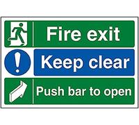 V Safety Fire Exit/Keep Clear/Push Bar To Open - 600x400mm 2mm Rigid Plastic Safety Sign